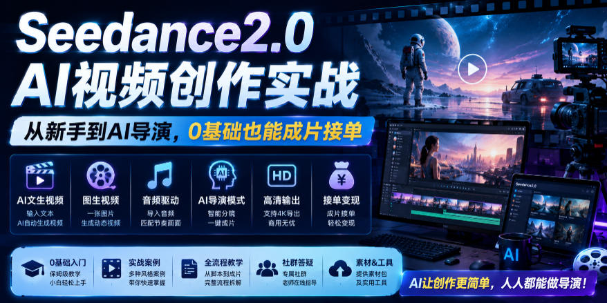 Seedance2.0 AI视频创作实战,从新手到AI导演,0基础也能成片接单变现-创业资源网