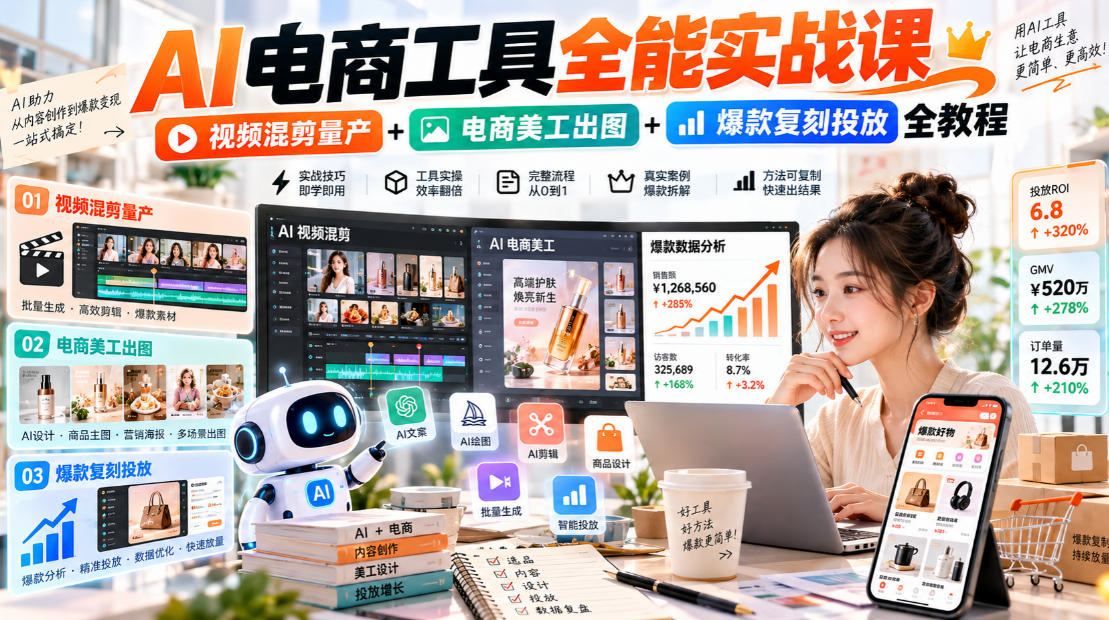 AI电商工具全能实战教学，视频混剪量产+电商美工出图+爆款复刻投放全教程-创业资源网