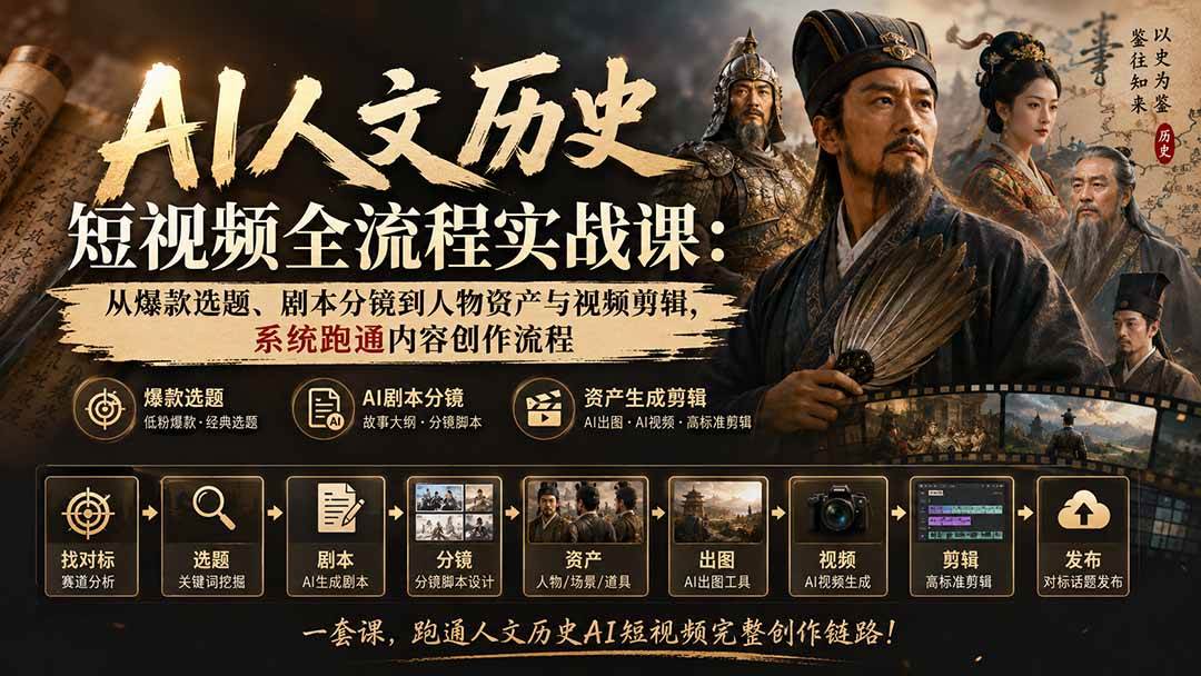 (20074期)AI人文历史短视频全流程实战课:从爆款选题、剧本分镜到人物资产与视频剪辑,系统跑通内容创作流程-创业资源网