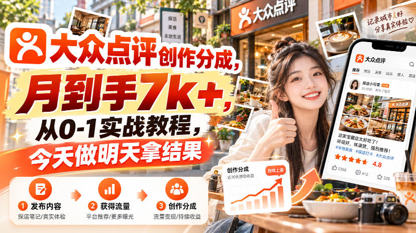 大众点评创作分成，月到手7k+，从0-1实战教程，今天做明天拿结果-创业资源网