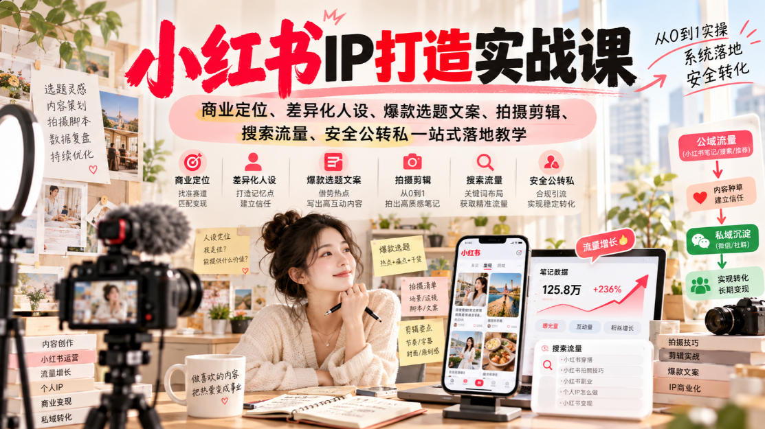 小红书ip打造实战课,商业定位、差异化人设、爆款选题文案、拍摄剪辑、搜索流量、安全公转私一站式落地教学-创业资源网