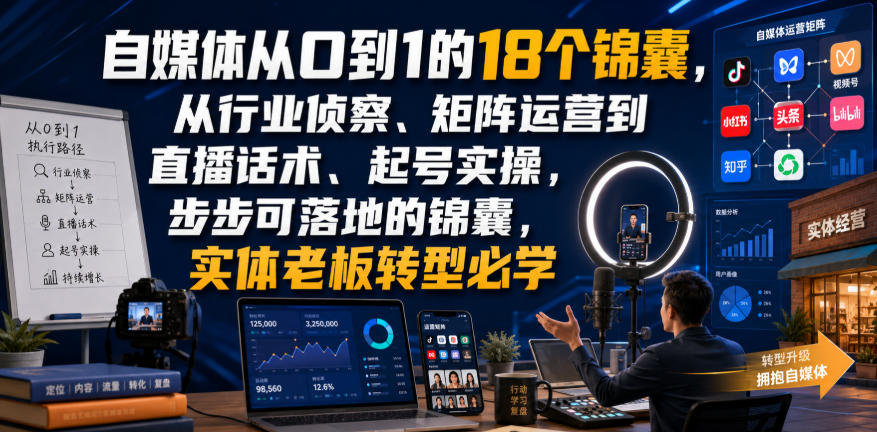 自媒体从0到1的18个锦囊，从行业侦察、矩阵运营到直播话术、起号实操，步步可落地的锦囊，实体老板转型必学-创业资源网