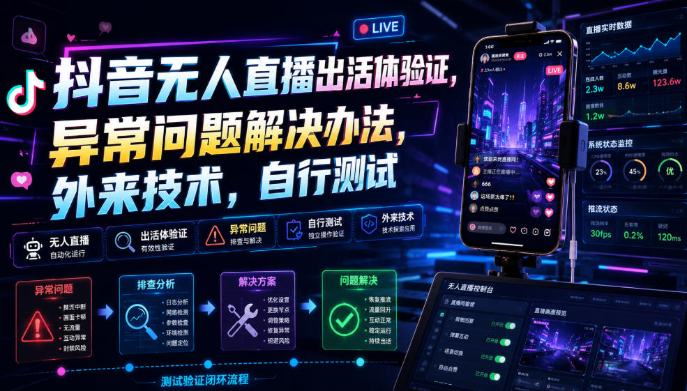 抖音无人直播出活体验证，异常问题解决办法，外来技术，自行测试-创业资源网