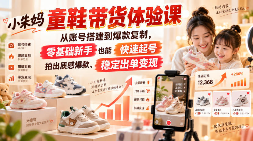 小朱妈童鞋带货体验课，从账号搭建到爆款复制，零基础新手也能快速起号、拍出质感爆款、稳定出单变现-创业资源网