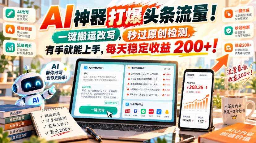 AI神器打爆头条流量，一键搬运改写，秒过原创检测，有手就能上手，每天稳定收益200+！【揭秘】-创业资源网