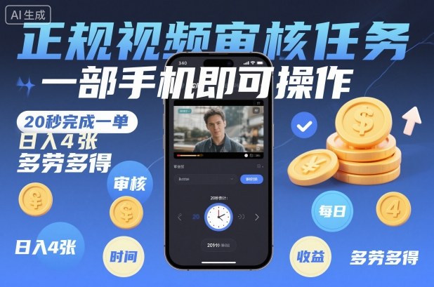 正规视频审核任务，一部手机即可操作，20秒完成一单，日入4张，多劳多得【揭秘】-创业资源网