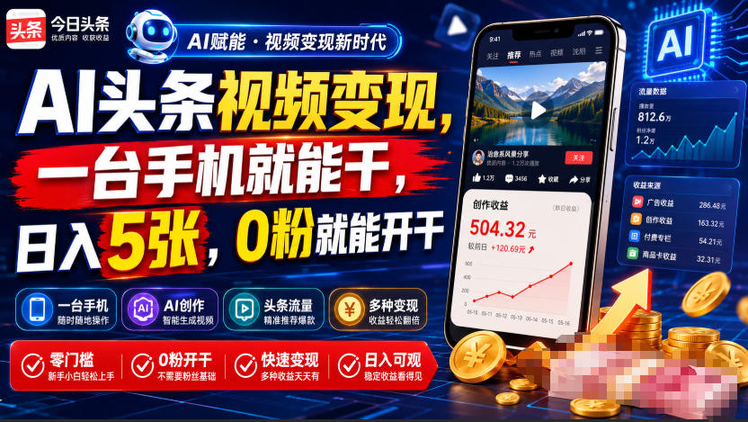 AI头条视频变现，一台手机就能干，日入5张，0粉就能开干-创业资源网
