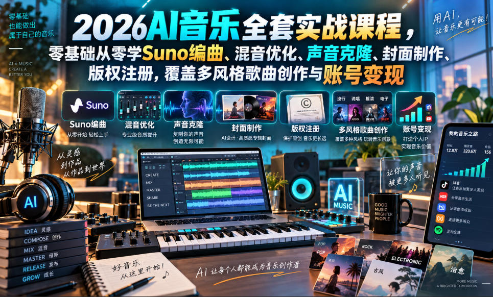 2026AI音乐实战课程，零基础从零学Suno编曲、混音优化、声音克隆、版权注册，覆盖多风格歌曲创作与账号变现-创业资源网