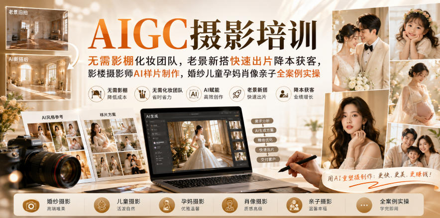 AIGC摄影培训｜无需影棚化妆团队，老景新搭快速出片降本获客，影楼摄影师AI样片制作，婚纱儿童孕妈肖像亲子全案例实操-创业资源网
