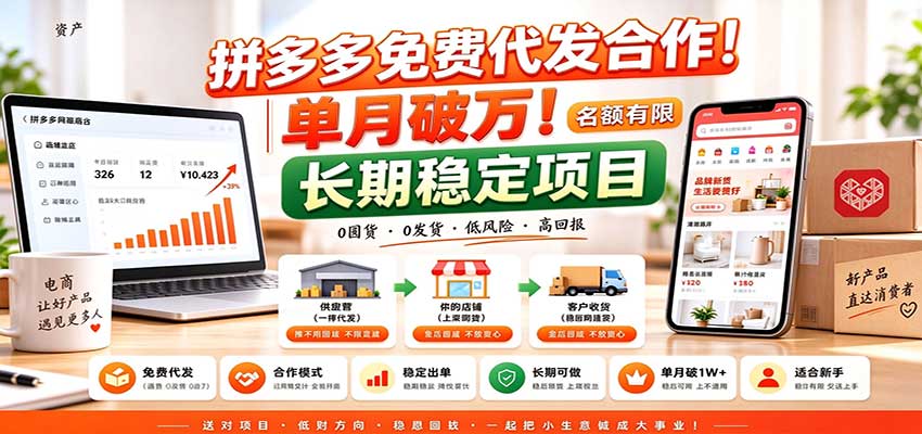 拼多多免费代发合作|单月破万!长期稳定项目,名额有限-创业资源网