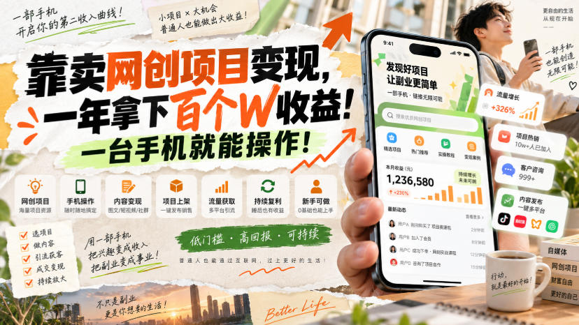 靠卖网创项目变现，一年拿下百个W收益！一台手机就能操作！【揭秘】-创业资源网