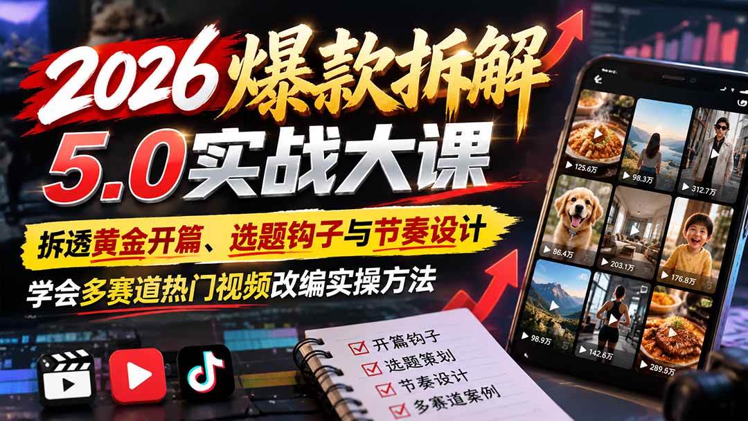 （21110期）2026爆款拆解5.0实战大课：拆透黄金开篇、选题钩子与节奏设计，学会多赛道热门视频改编实操方法-创业资源网