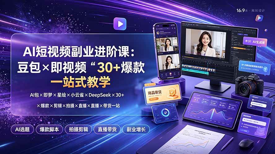(19458期)AI短视频副业进阶课:豆包×即梦×星绘×小云雀×DeepSeek×30+爆款×剪辑×拍摄×直播×带货一站式教学-创业资源网