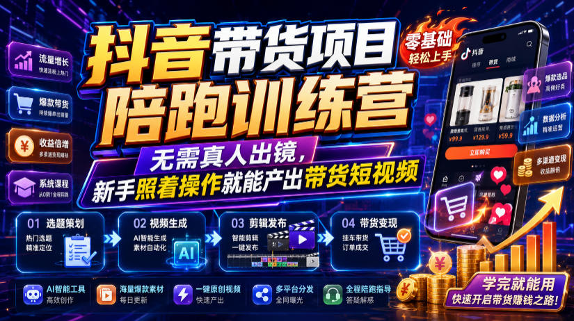 抖音带货项目陪跑训练营，无需真人出镜，新手照着操作就能产出带货短视频（更新0811）-创业资源网