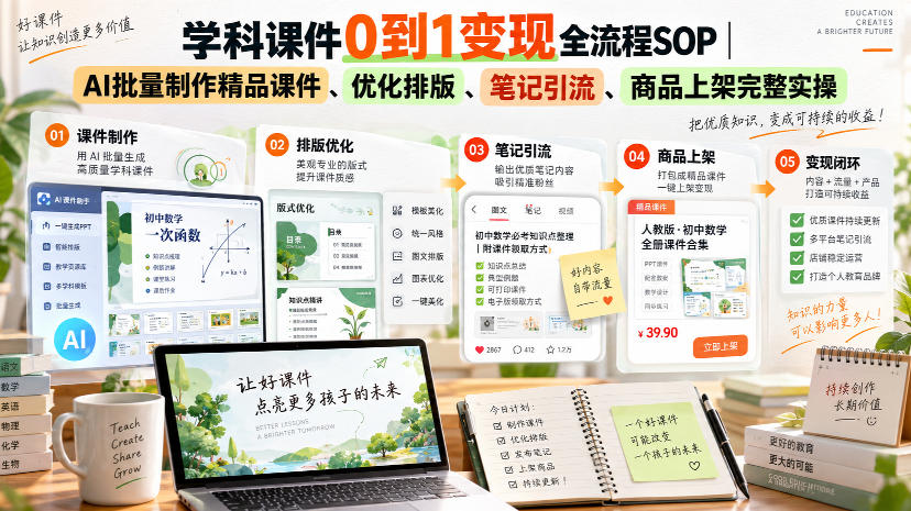 学科课件0到1变现全流程SOP｜AI批量制作精品课件、优化排版、笔记引流、商品上架完整实操-创业资源网