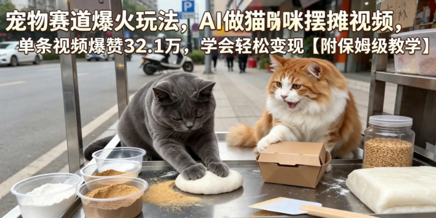 宠物赛道爆火玩法,AI做猫咪摆摊视频,单条视频爆赞32.1万,学会轻松变现【附保姆级教学】-创业资源网