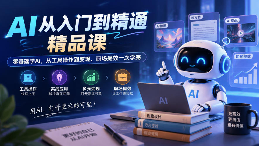 AI从入门到精通精品课，零基础学AI，从工具操作到变现、职场提效一次学完-创业资源网