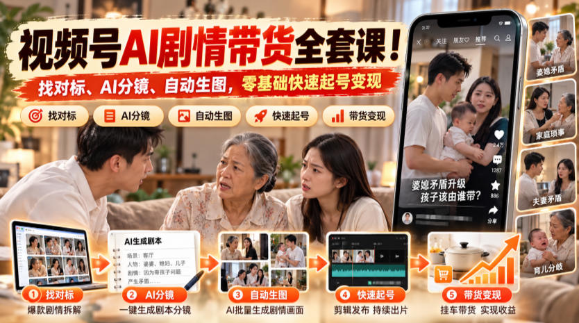 视频号AI剧情带货全套课！找对标、AI分镜、自动生图，零基础快速起号变现-创业资源网