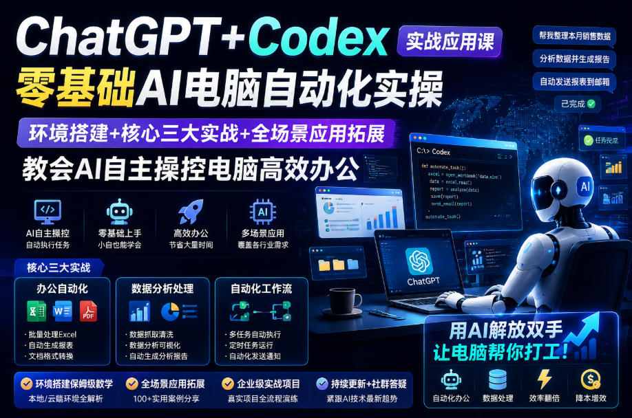 ChatGPT+Codex实战应用课｜零基础AI电脑自动化实操，环境搭建+核心三大实战+全场景应用拓展，教会AI自主操控电脑高效办公-创业资源网