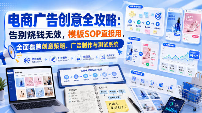 电商广告创意全攻略：告别烧钱无效，模板SOP直接用，全面覆盖创意策略、广告制作与测试系统【原创双语字幕】-创业资源网