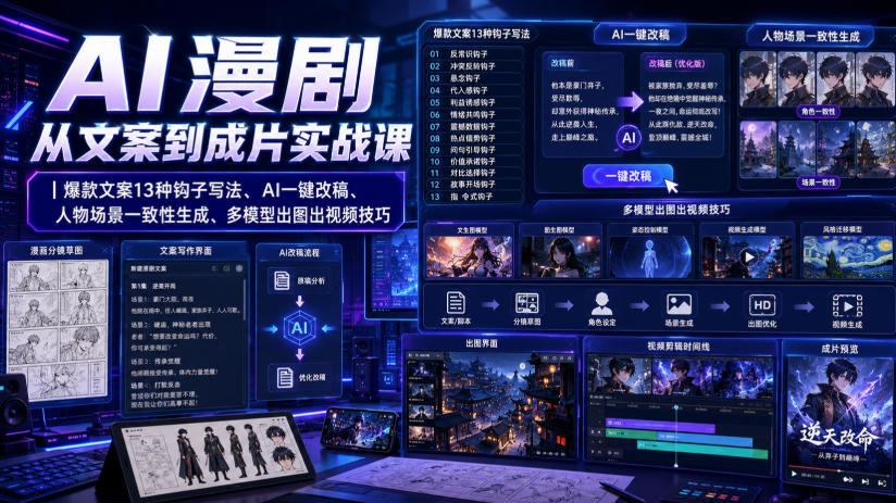 AI漫剧从文案到成片实战课｜爆款文案13种钩子写法、AI一键改稿、人物场景一致性生成、多模型出图出视频技巧-创业资源网
