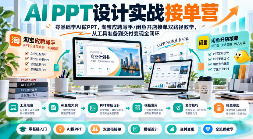 AI PPT设计实战接单营｜零基础学AI做PPT，淘宝应聘写手/闲鱼开店接单双路径教学，从工具准备到交付变现全闭环-创业资源网