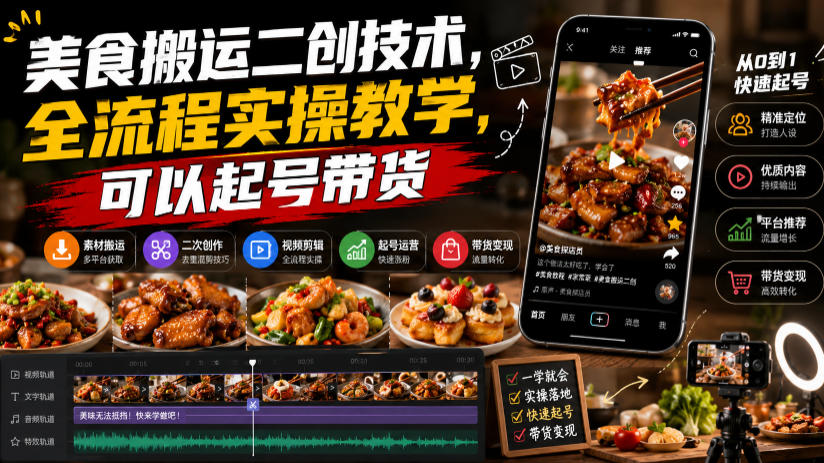 美食搬运二创技术，全流程实操教学，可以起号带货-创业资源网