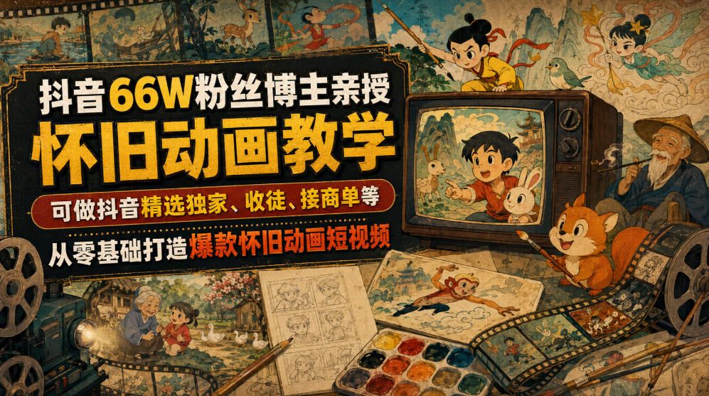 抖音66W粉丝博主亲授怀旧动画教学，可做抖音精选独家、收徒、接商单等，从零基础打造爆款怀旧动画短视频-创业资源网