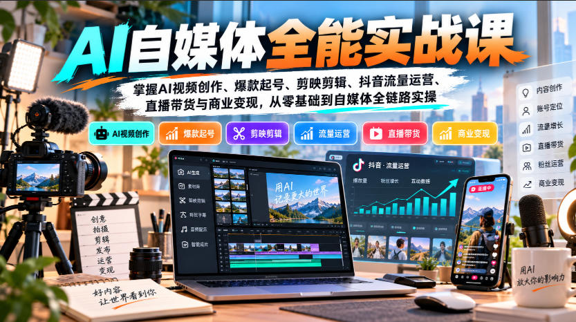 【无水印】AI自媒体全能实战课，掌握AI视频创作、爆款起号、剪映剪辑、抖音流量运营、直播带货与商业变现，从零基础到自媒体全链路实操-创业资源网