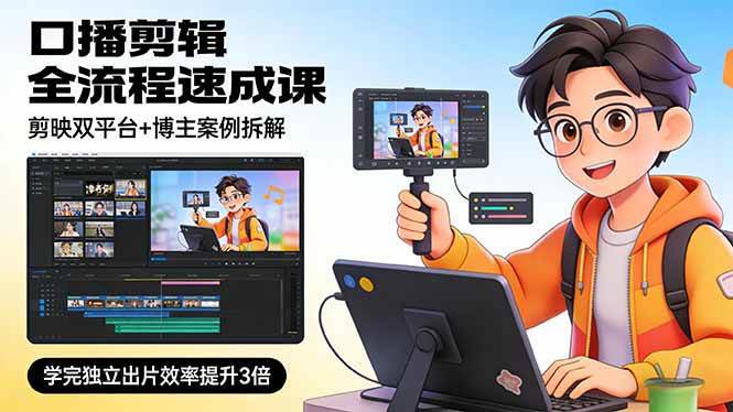 （17420期）口播剪辑全流程速成课，剪映双平台+博主案例拆解，学完独立出片效率提升3倍-创业资源网
