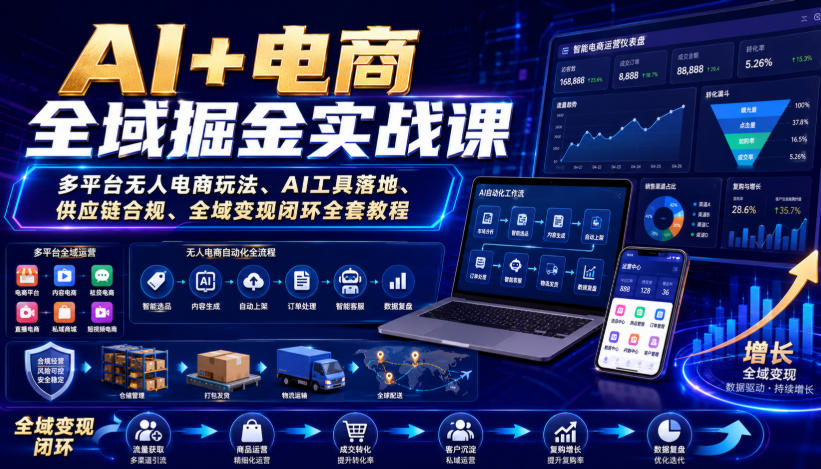 AI+电商全域掘金实战课｜多平台无人电商玩法、AI工具落地、供应链合规、全域变现闭环全套教程-创业资源网