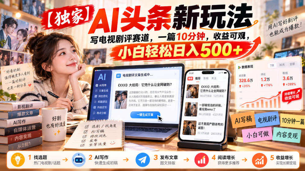【独家】AI头条新玩法,写电视剧评赛道,一篇10分钟,收益可观,小白轻松日入500+ 【独家】AI头条新玩法,写电视剧评赛道,一篇10分钟,收益可观,小白轻松日入500+