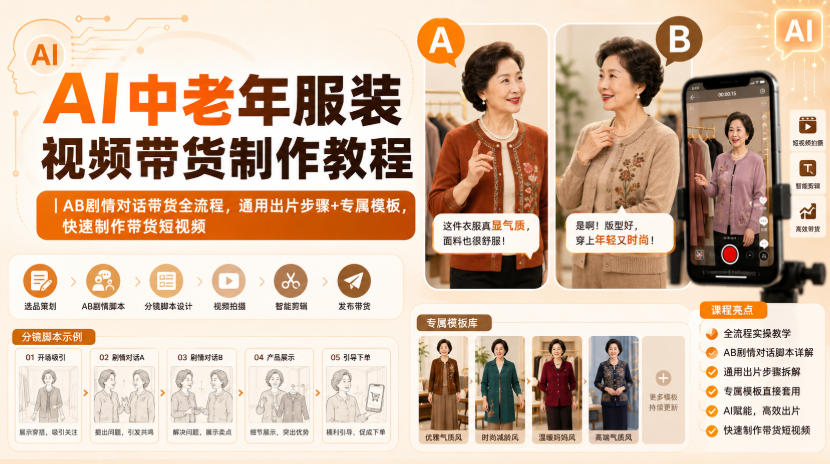 AI中老年服装视频带货制作教程｜AB剧情对话带货全流程，通用出片步骤+专属模板，快速制作带货短视频-创业资源网