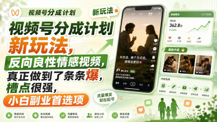 视频号分成计划新玩法，反向良性情感视频，真正做到了条条爆，槽点很强，小白副业首选项-创业资源网