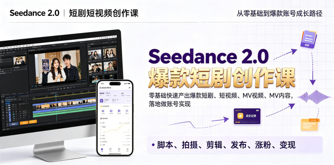 Seedance 2.0短剧短视频创作课，零基础快速产出爆款短剧、短视频、MV内容，落地做账号实现变现-创业资源网