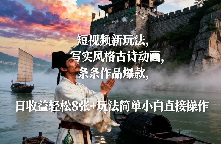 短视频新玩法，写实风格古诗动画，条条作品爆款，日收益轻松8张+玩法简单小白直接操作-创业资源网