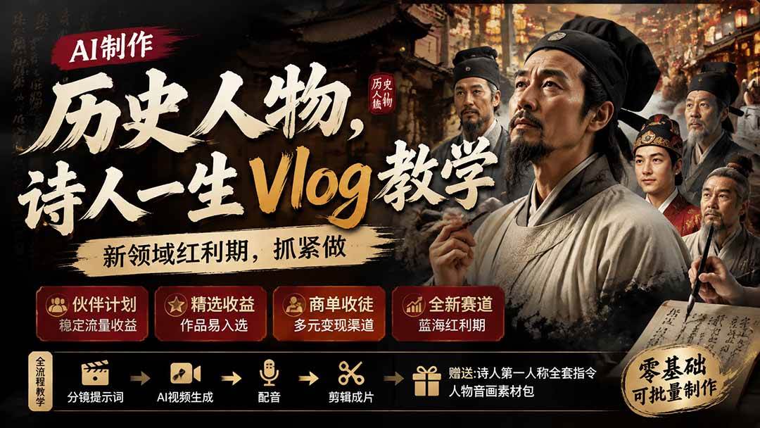 (19758期)历史人物,诗人一生Vlog教学, AI制作丨伙伴计划丨精选收益丨商单收徒 ,新领域红利期,抓紧做 (19758期)历史人物,诗人一生Vlog教学, AI制作丨伙伴计划丨精选收益丨商单收徒 ,新领域红利期,抓紧做