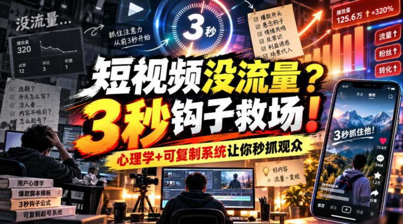 【无水印】短视频没流量？3秒钩子救场！心理学+可复制系统让你秒抓观众【原创双语字幕】-创业资源网