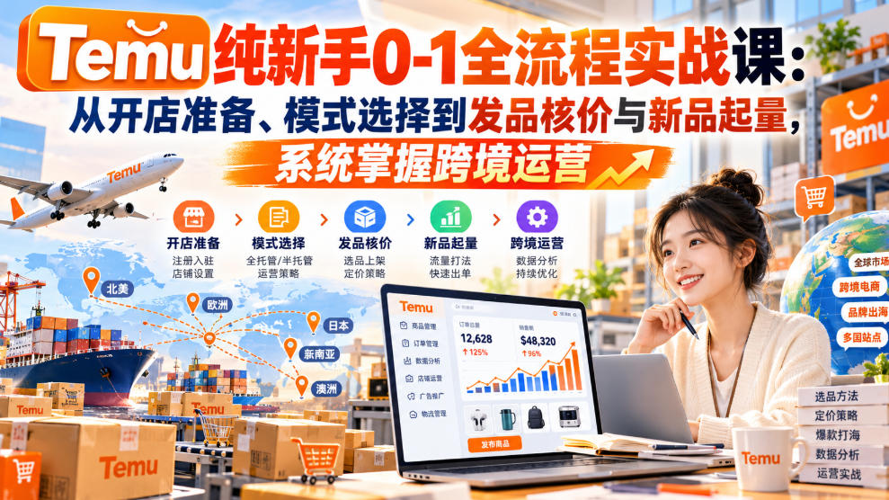 【无水印】Temu纯新手0-1全流程实战课：从开店准备、模式选择到发品核价与新品起量，系统掌握跨境运营-创业资源网