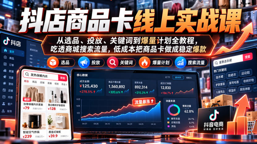 抖店商品卡线上实战课｜从选品、投放、关键词到爆量计划全教程，吃透商城搜索流量，低成本把商品卡做成稳定爆款-创业资源网