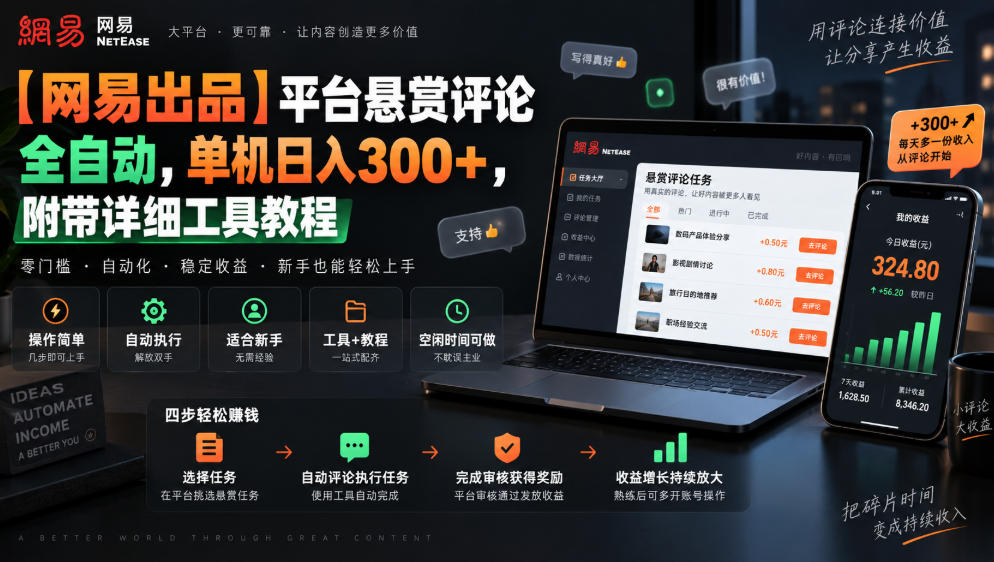 【网易出品】平台悬赏评论全自动,单机日入300+,附带详细工具教程【揭秘】-创业资源网