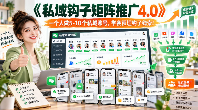 【无水印】《私域钩子矩阵推广4.0》一个人做5-10个私域账号,学会预埋钩子线索!-创业资源网