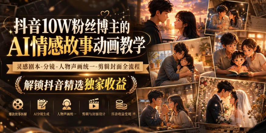 抖音10W粉丝博主的AI情感故事动画教学，灵感剧本‑分镜‑人物声画统一‑剪辑封面全流程，解锁抖音精选独家收益-创业资源网