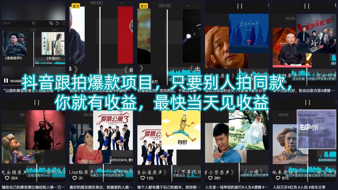 抖音跟拍爆款项目，只要别人拍同款，你就有收益，最快当天见收益-创业资源网