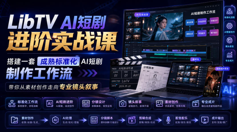 LibTV AI短剧进阶实战课，搭建一套成熟标准化AI短剧制作工作流，带你从素材创作走向专业镜头叙事-创业资源网