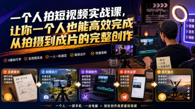 一个人拍短视频实战课,让你一个人也能高效完成从拍摄到成片的完整创作-创业资源网