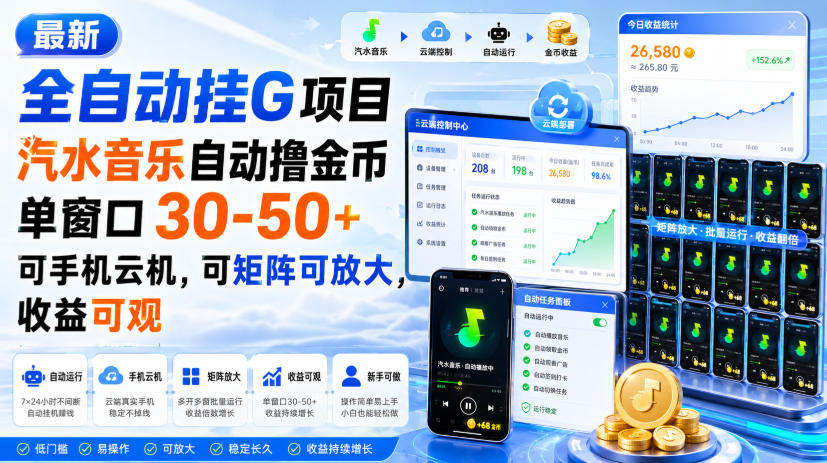 最新全自动挂G项目，汽水音乐自动撸金币单窗口30-50+，可手机云机，可矩阵可放大，收益可观-创业资源网