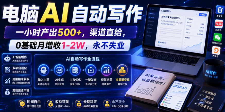 电脑AI自动写作,一小时产出500+,渠道直给,0基础月增收1-2W,永不失业【揭秘】-创业资源网