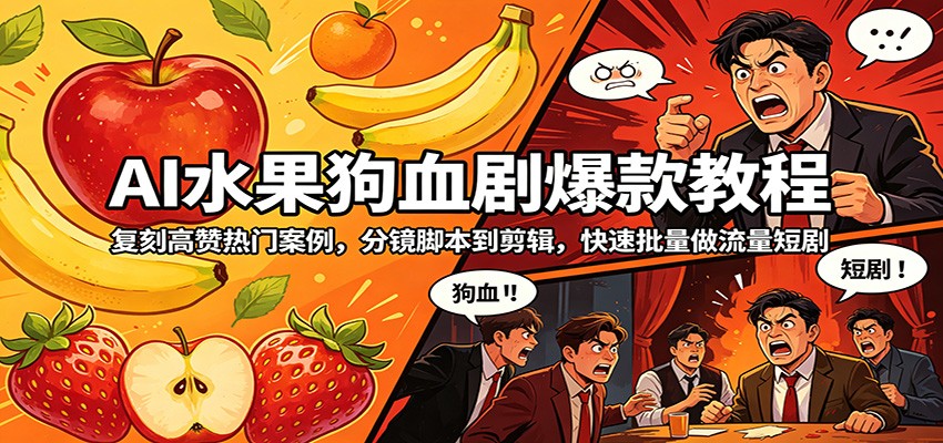 AI水果狗血剧爆款教程：复刻高赞热门案例，分镜脚本到剪辑，快速批量做流量短剧-创业资源网