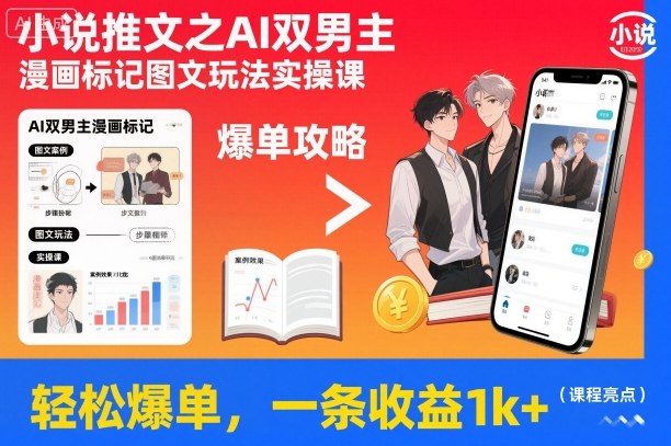 小说推文之AI双男主漫画标记图文玩法实操课，轻松爆单，一条收益1k+-创业资源网